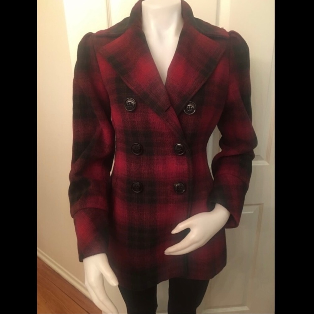 Winter pea coat plaid burgundy black buttons small jacket checkered sm…